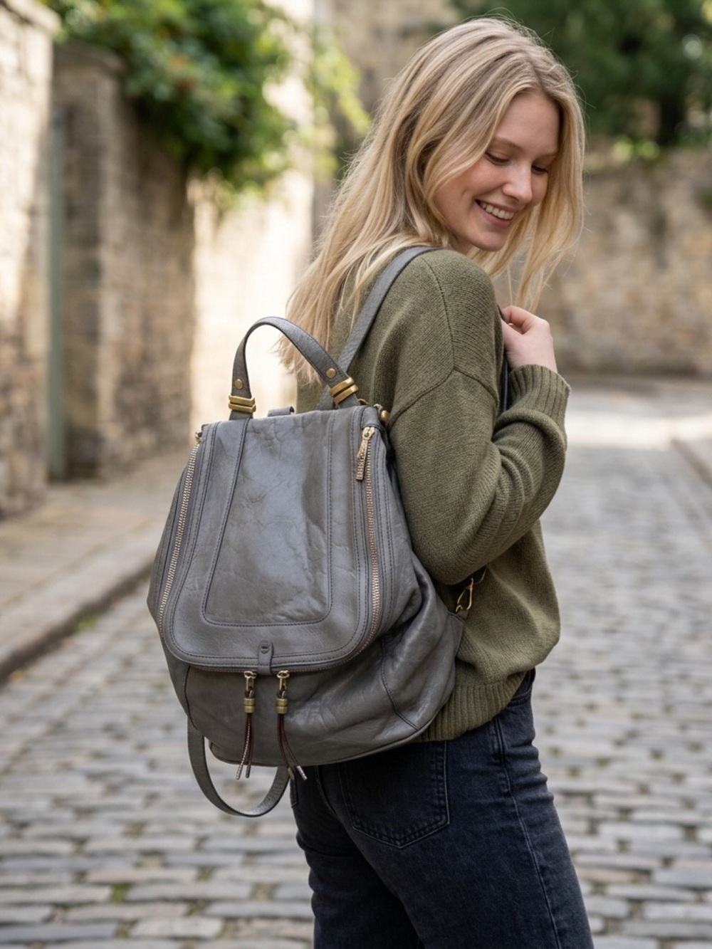 orYANY Zahara Gray Washed Weathered Leather Backpack Bag